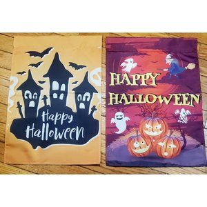 Lot of 2 Garden Seasonal Yard Flags Halloween Fall Pumpkins Ghosts 17"x12"